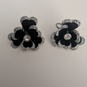 Czech Vintage Black and Silver Crystal Screwback Earrings